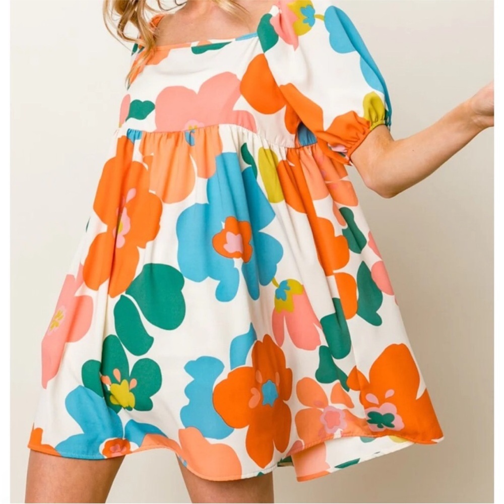 NEW Bibi Dress Mini Babydoll With Puff Sleeves Floral Printed - Picture 8 of 8